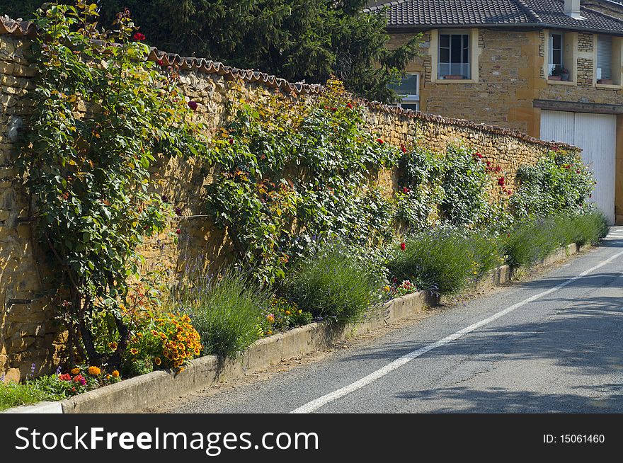 Street Stone Fence Decorated With Flowers