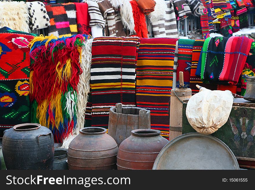 Wool blankets for sale in a market in Bulgaria. Wool blankets for sale in a market in Bulgaria