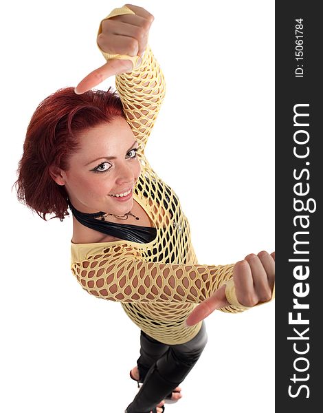 Young beautiful fashion model with red hair and a fishnet shirt. Young beautiful fashion model with red hair and a fishnet shirt.