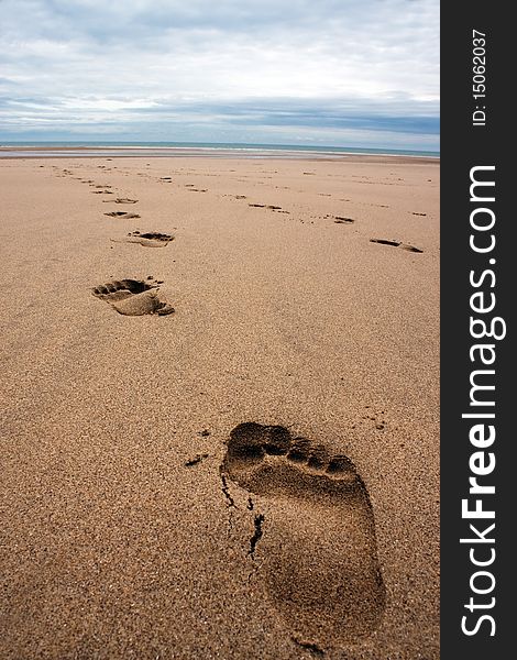 A row of footprints in the sand on a beach in the summertime. A row of footprints in the sand on a beach in the summertime