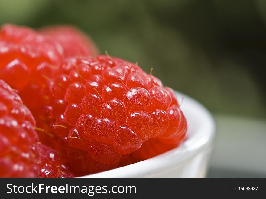 Close-up of raspberry in white bowl on green background