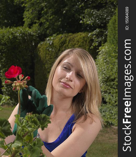 Beautiful, healthy looking young woman gardener tends to her rose. She is looking at the flower and smiling. Beautiful, healthy looking young woman gardener tends to her rose. She is looking at the flower and smiling