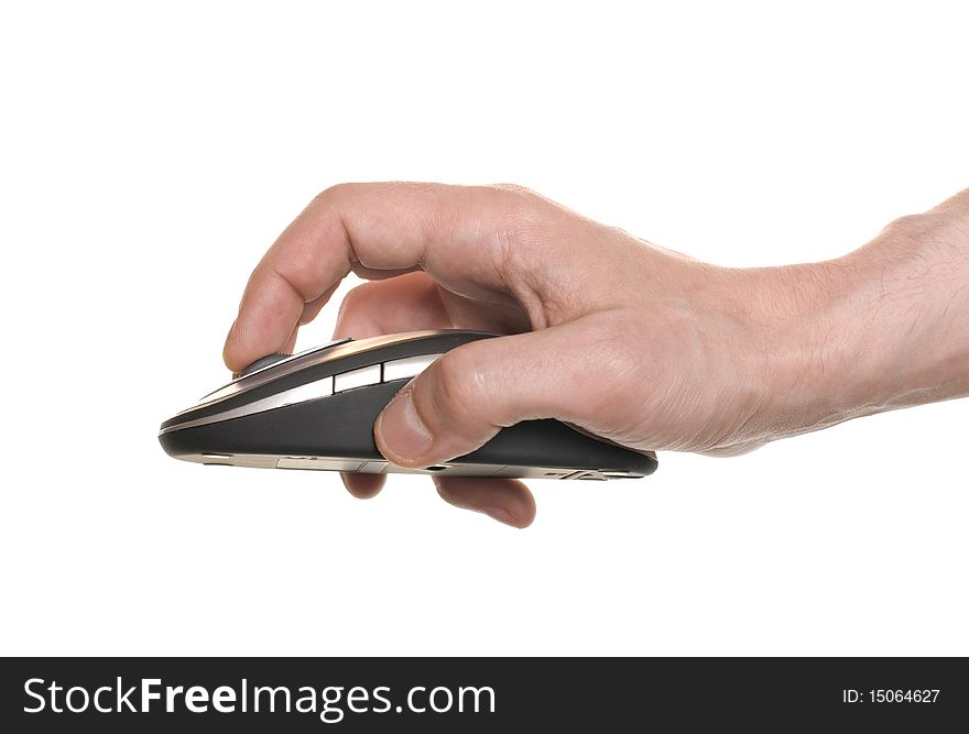 Businessman's hand working on computer mouse isolated over white