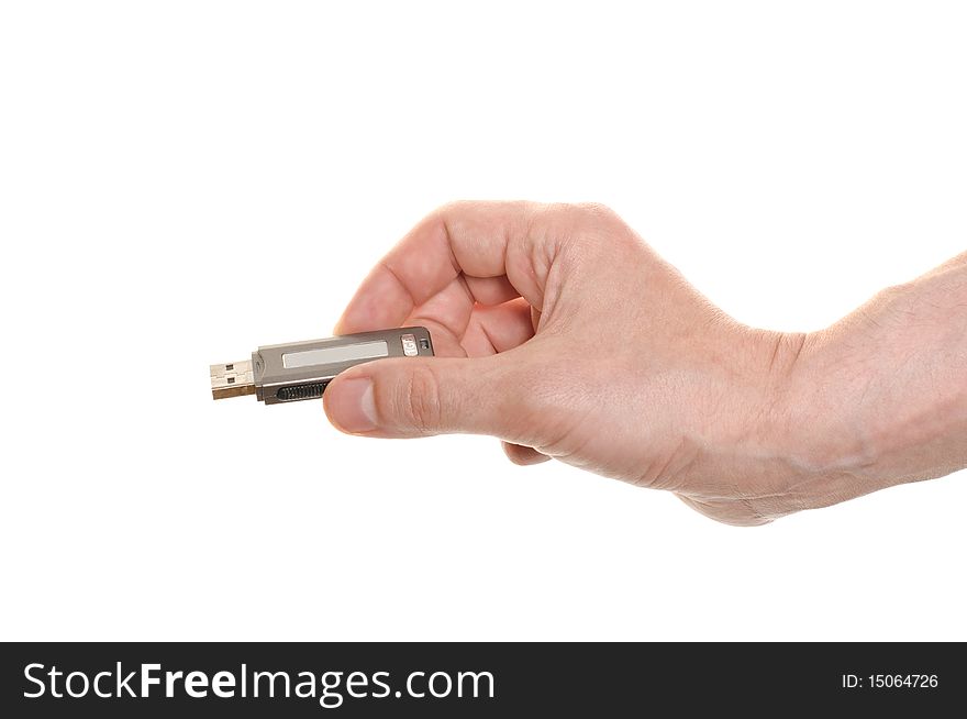 Hand with a USB flash isolated over white