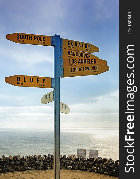 Directional Signpost at Cape Reigna in New Zealand, ocean in background