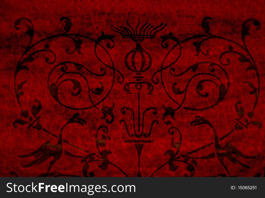 Old weathered red canvas with printed ornaments. Old weathered red canvas with printed ornaments