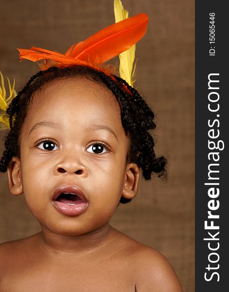 Closeup portrait of toddler with a happy expression with feathers stuck in hair. Closeup portrait of toddler with a happy expression with feathers stuck in hair