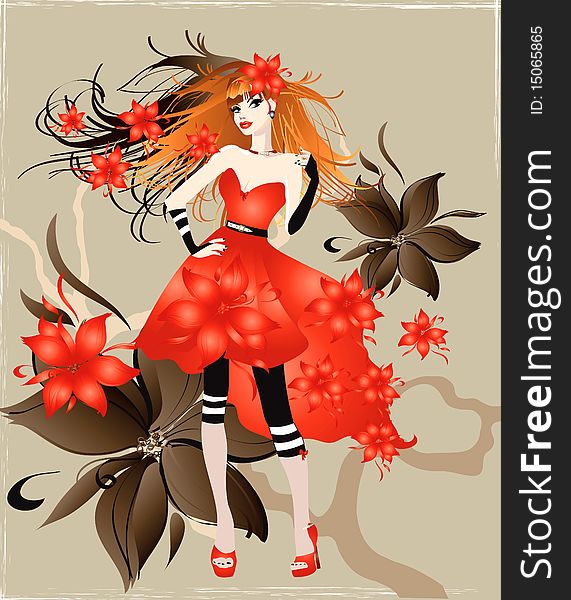 Illustration of a beautifull girl in a red dress. Illustration of a beautifull girl in a red dress