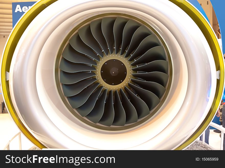 Black Propeller of a civil airplane engine at exhibition