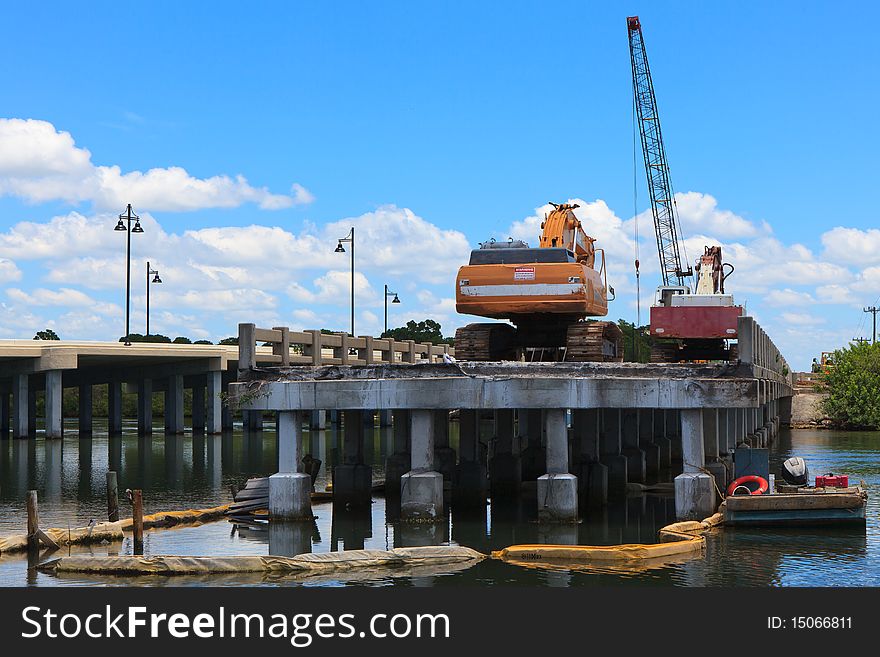 Bridge Work with tall crane and loader. Bridge Work with tall crane and loader