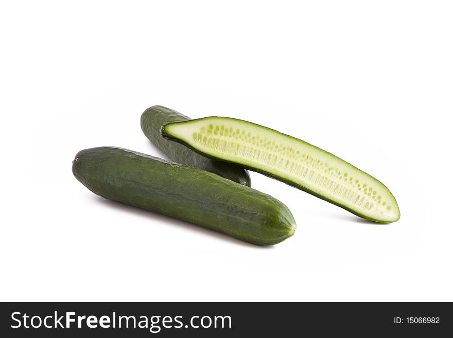 Green fresh cucumbers isolated on white background, vegetable. Green fresh cucumbers isolated on white background, vegetable