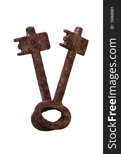 Two old, rusty key on a white background