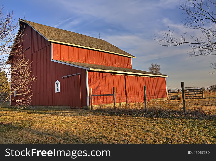Barn and pasture in the evening