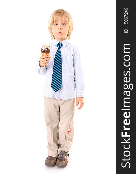 Blond boy eating ice cream isolated on white