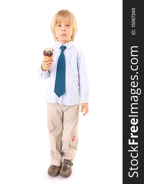 Boy eating ice cream isolated on white