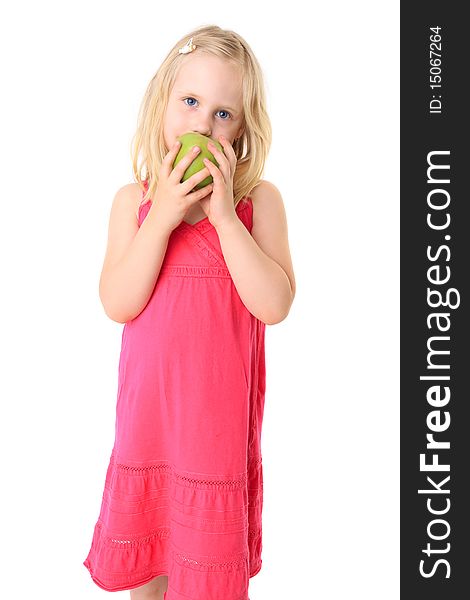 Little beautiful child with green apple. Isolated on white background. Little beautiful child with green apple. Isolated on white background