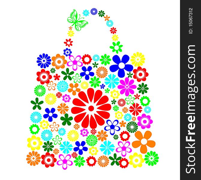 Illustration of bag pattern made up of flower shapes on the white background