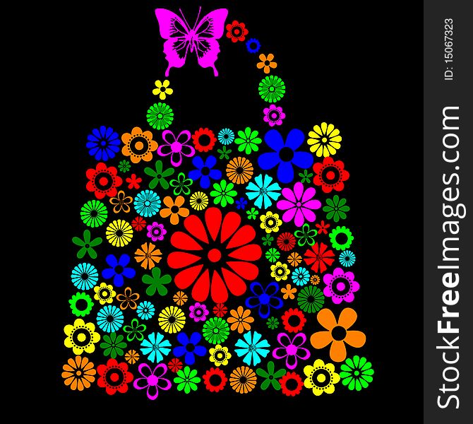 Illustration of bag pattern made up of flower shapes on the black background