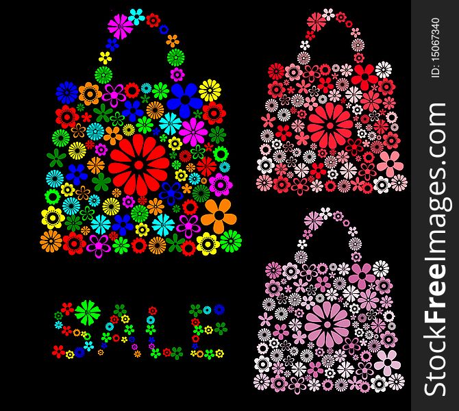 Illustration of bag pattern made up of flower shapes on the black background