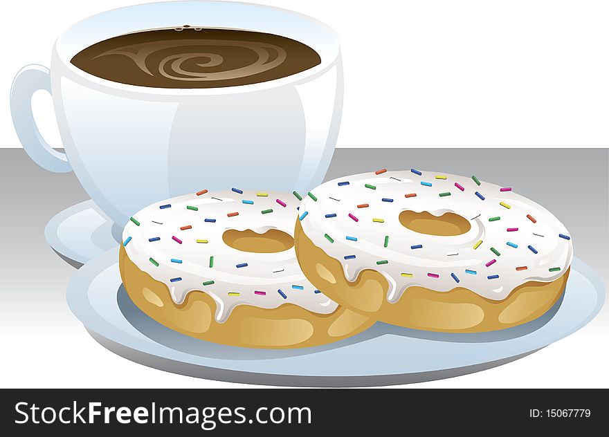 Illustration of a cup of coffee and a plate with donuts. Illustration of a cup of coffee and a plate with donuts.