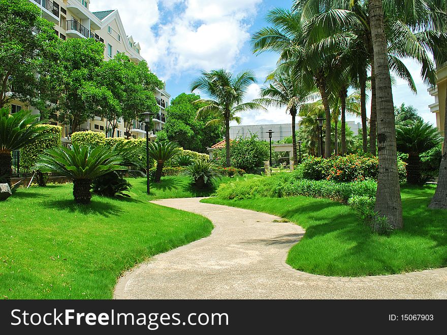 Lawn decorated garden in a park.