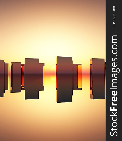 An abstract image featuring reflected rectangles with a sunset background. An abstract image featuring reflected rectangles with a sunset background.