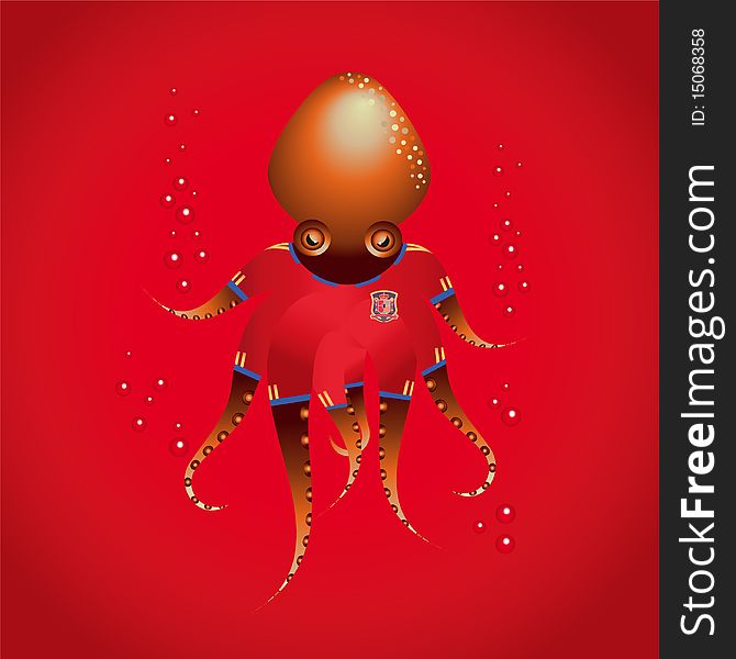 Octopus with spain football t shirt under the sea swim with bubbles. Octopus with spain football t shirt under the sea swim with bubbles