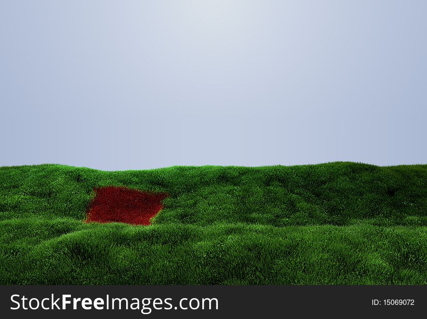 Grassy green field of tall grass with a red patch of grass conveying a message of opportunity.