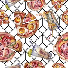 Fast Food Itallian Pizza Tasty Food. Watercolor Background Illustration Set. Seamless Background Pattern. Stock Photography