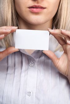 Woman Holding Empty Visiting Card Stock Photos