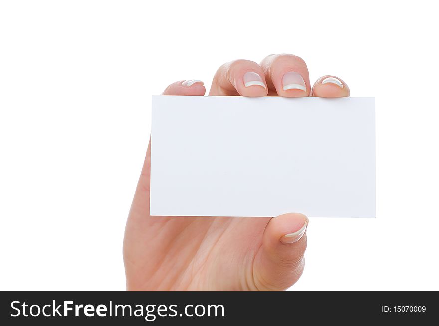 Hand and a card isolated on white. Hand and a card isolated on white