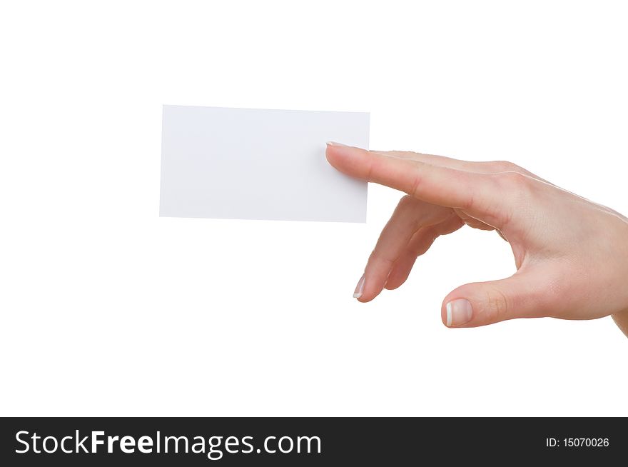 Hand and a card isolated on white. Hand and a card isolated on white