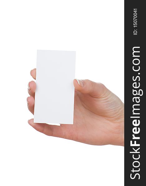 Hand and a card isolated on white. Hand and a card isolated on white