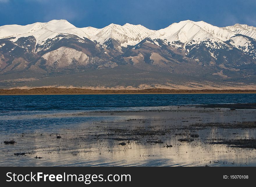 Snow Covered Mountains Above A Lake In The San Lui