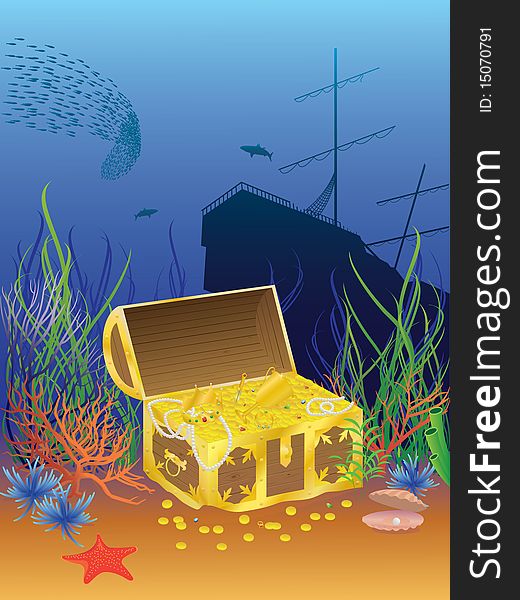 Illustration of the coffer at the bottom of the sea. Illustration of the coffer at the bottom of the sea