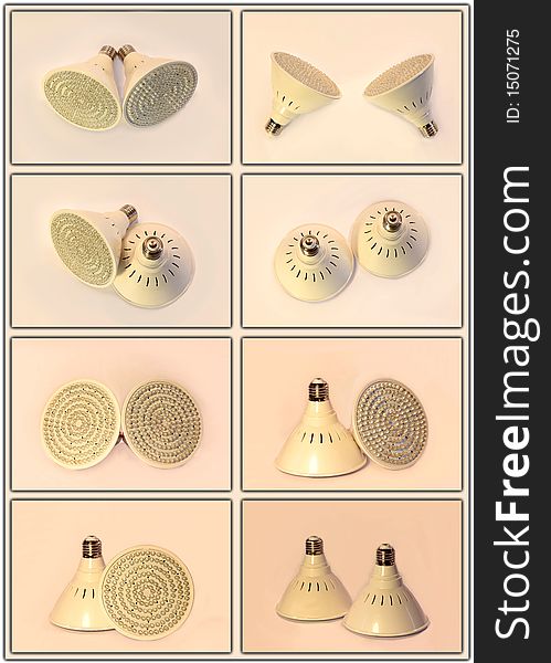 Two LED lights, lie on a white background. A collage of eight photographs.