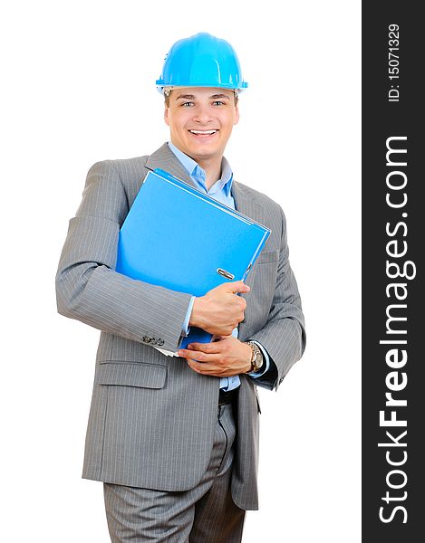 Engineer with blue hard hat holding folder isolated on white background. Engineer with blue hard hat holding folder isolated on white background