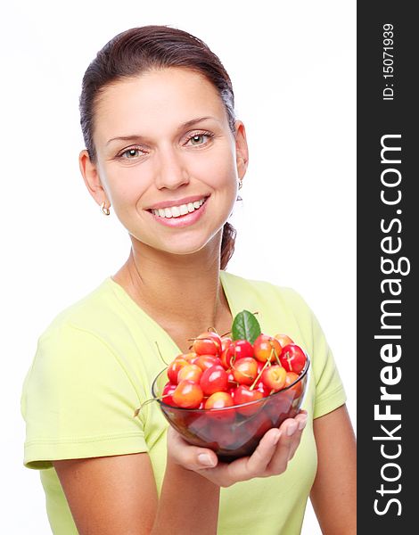 Woman With Crockery Of Cherries In Her Hands.