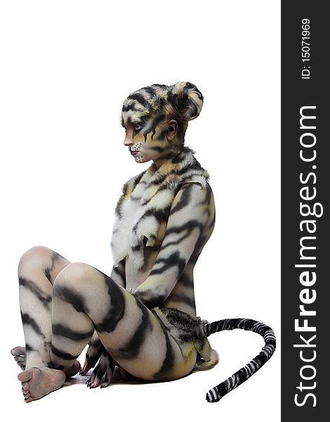 Body-art: White tigress. Studio shot.