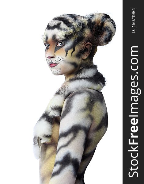 Body-art: White tigress. Studio shot.