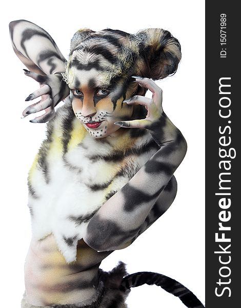 Body-art: White tigress. Studio shot.