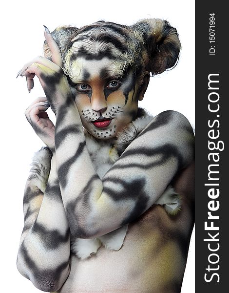 Body-art: White tigress. Studio shot.