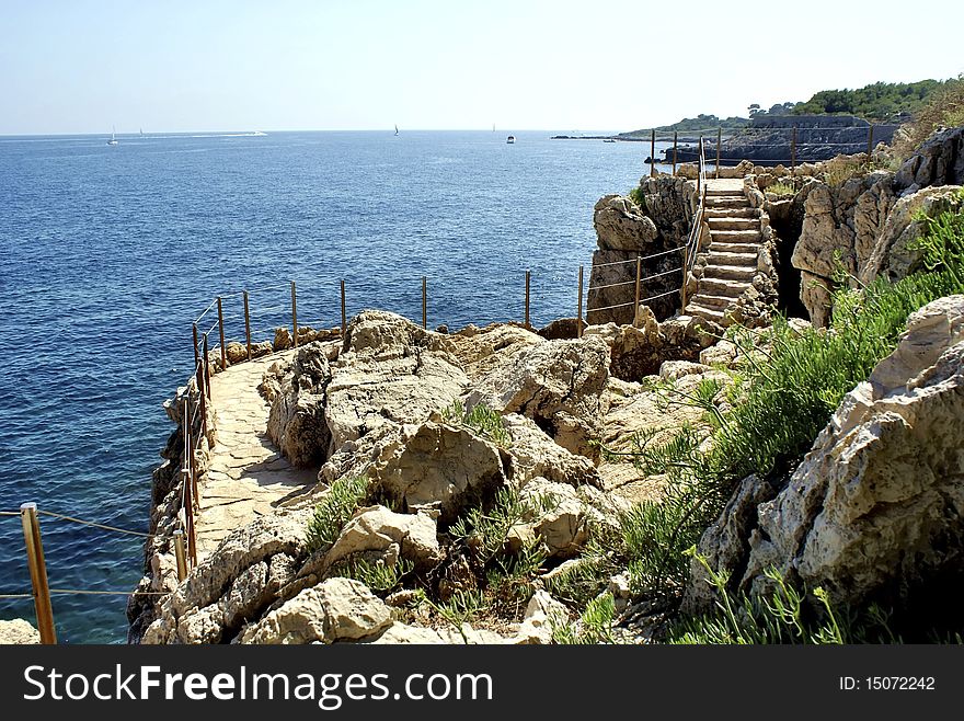 Famous Antibes footpath, French coast. Famous Antibes footpath, French coast
