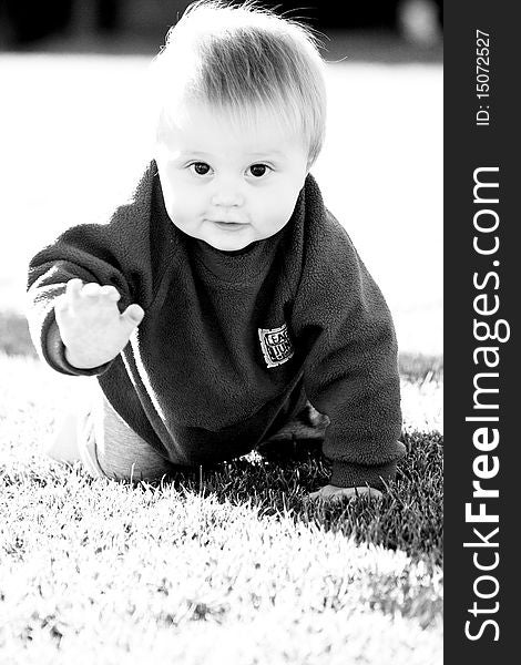Baby crawling on a sunny day in black & white