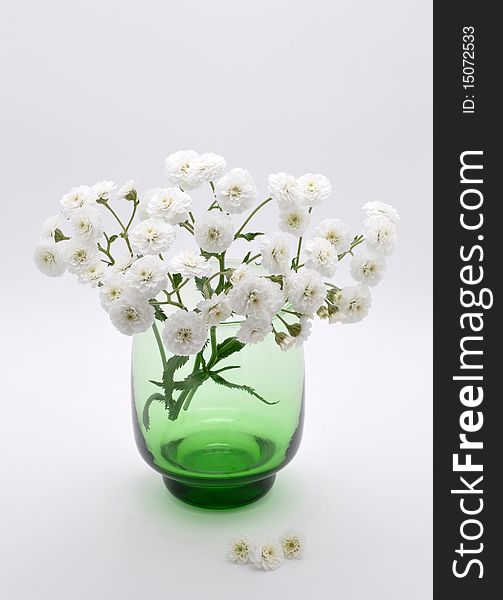 A Bouquet Of White Flowers Is In Glass