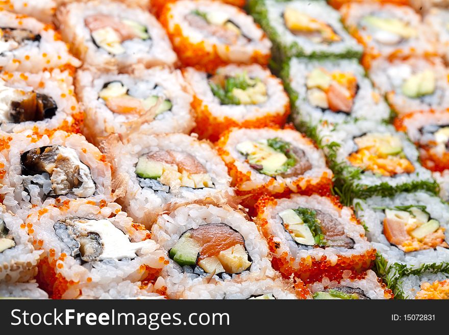 Japanese sushi and rolls. Close up
