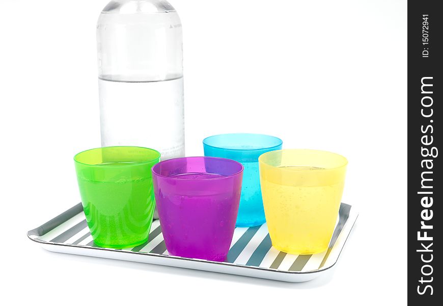 Drinks on a serving tray isolated against a white background. Drinks on a serving tray isolated against a white background