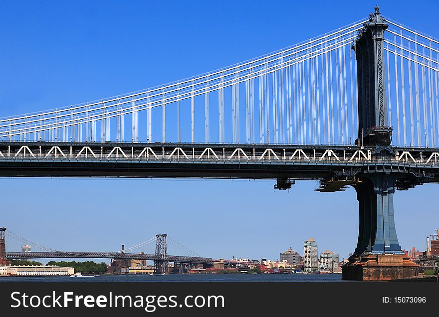 New York City bridge and Hudson river. black & white