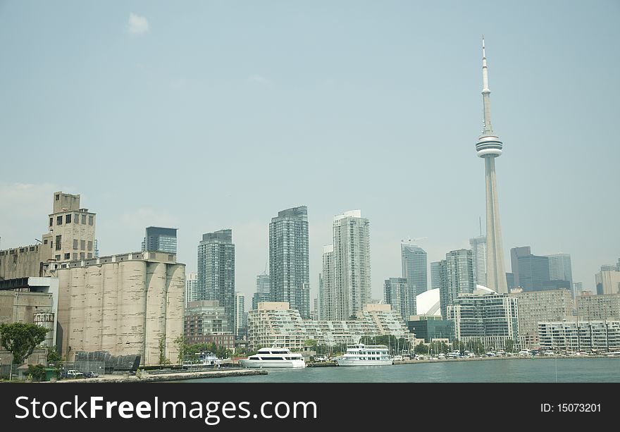 Toronto skyline the old and the new on a hazy summer day