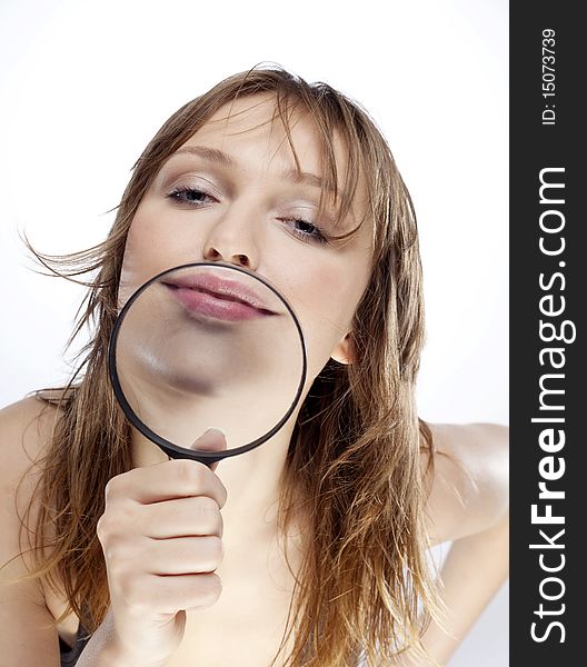Portrait of Woman with magnifier lens